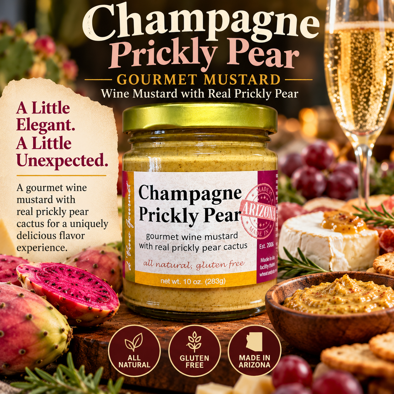 Champagne Prickly Pear Gourmet Mustard – Wine Mustard with Real Prickly Pear